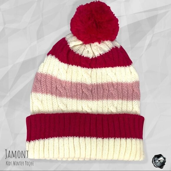 KIDS CABLE KNIT POM POM BEANIE FOR IN CANDY CANE STRIPE YOUTH ONE SIZE - Picture 2 of 2